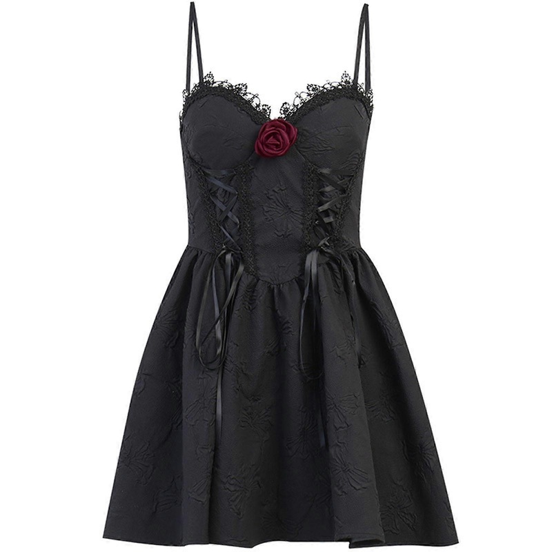 Womens Spaghetti Strap A-Line Mini Dress Gothic Sexy V-Neck Backless Bowknot Jacquard Rose Flower Cosplay Cami Dresses  M | Fruugo SG