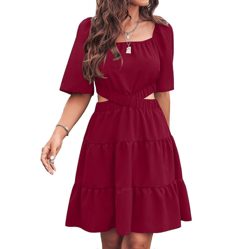 Womens Summer A-Line Short Sleeve Dress Crossover Waist Party Dress Square Neck Dress Casual Tiered Cut Out Mini Dress  Red XL | Fruugo SG