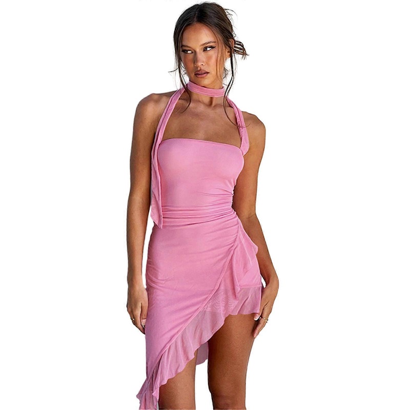 Womens Summer Dresses Halter Pleated Tiered Sleeveless Mini Short Dress Elegant Casual Cocktail Party Dress  Pink S | Fruugo SG
