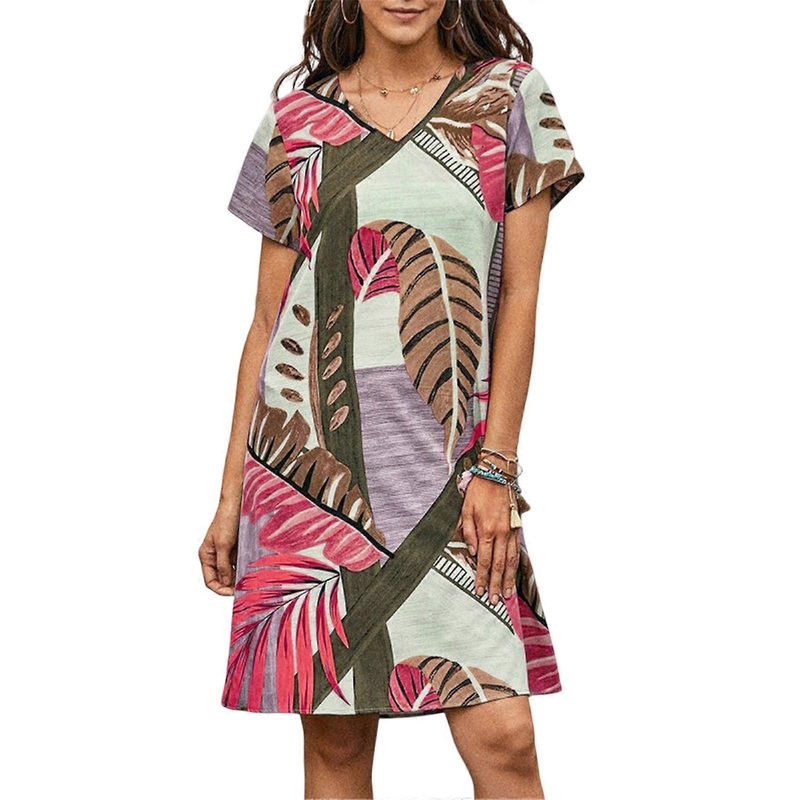 Womens Summer Floral Printted Mini Dress Short Sleeve Casual Loose A-Line Beach Dress Casual Loose Summer Sundress  Red XL | Fruugo SG
