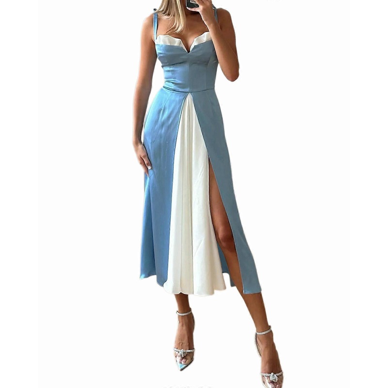 Womens Summer Maxi Dress Casual Color Block Sleeveless Spaghetti Strap Tiered Long Beach Dresses Robe  Sky Blue XL | Fruugo SG