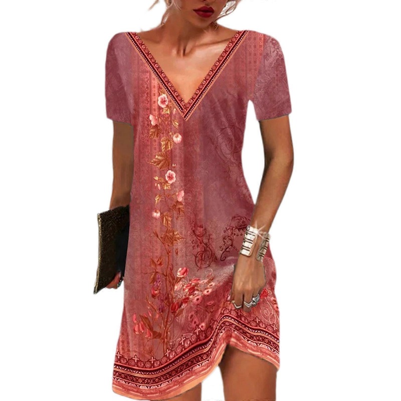 Womens V-neck Dress Ethnic Style Dress Short Sleeves Holiday Dress Lady Casual Resort Dress for Spring Summer Party Ins  Red XL | Fruugo SG