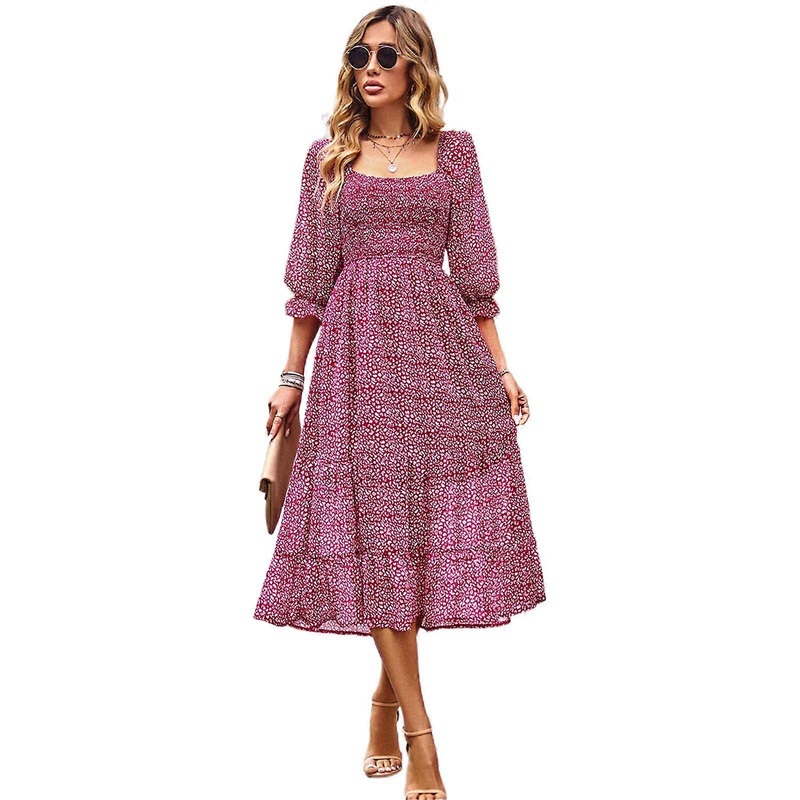 2023 Summer Dress Elegant Square Neckline 3/4 Puff Sleeves Floral Printed Long Skirt Lantern Sleeve Dress for Women Girl  Burgundy S | Fruugo SG