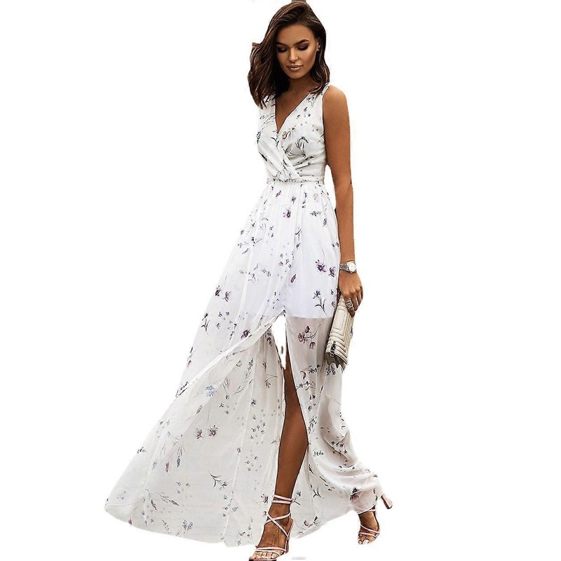 Chiffon Print Strap Split Dress | Fruugo SG