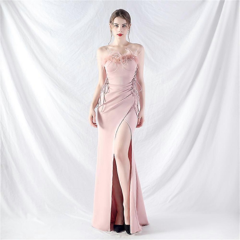 elegant ladies party clothing wear Evening Dress side slit tube dresses lotus root pink color | Fruugo SG