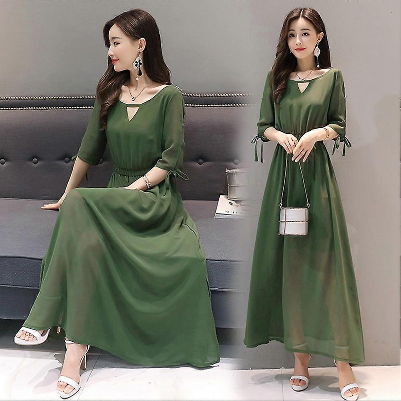 Fashion Women Short Sleeve Dress Round Collar Solid Color Slim Long Dress(Green 2XL) | Fruugo SG