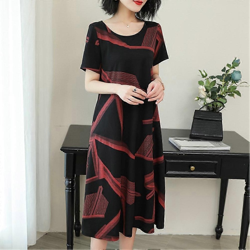 Fashion Women Short Sleeve Printed Round Neck Loose Dress Spring Summer with Pocket (Red M) | Fruugo SG