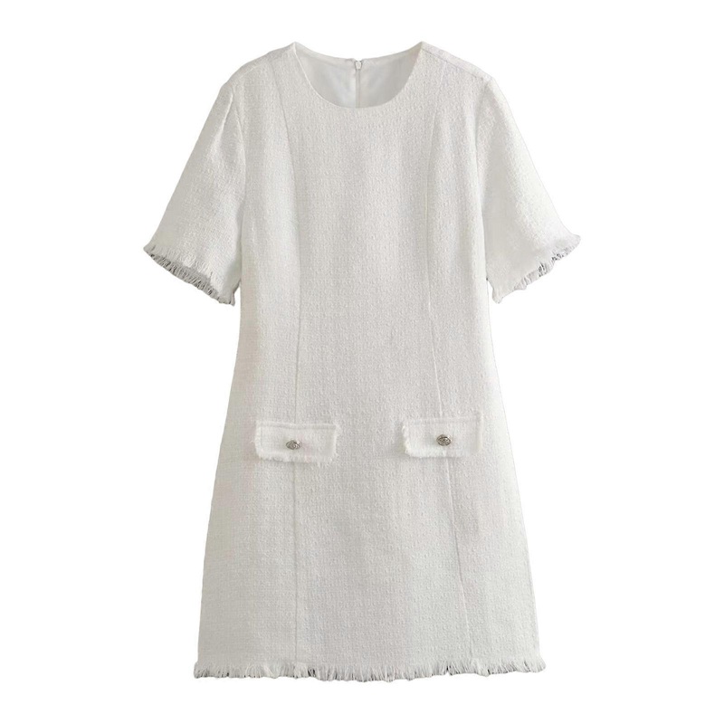Fashionable Dress with FringeTrim Short Sleeve Dresses Showcase Your Charm and Personal Style  White M | Fruugo SG