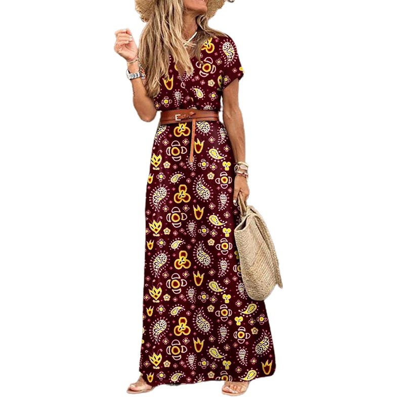 Fianao Boho Women Dress Paisley Print Large Hem Short Sleeve Slit Hem Maxi Dress with Belt for Work | Fruugo SG