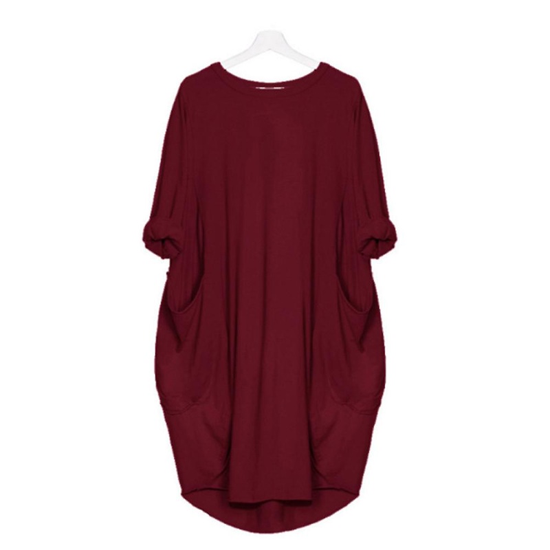 Fianao Women Casual Solid Color O Neck Long Sleeve Pockets Knee-length Baggy Dress | Fruugo SG