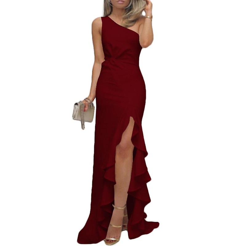 Fianao Women Sexy One Shoulder Ruffle Large Swing Slit Evening Party Slim Maxi Dress | Fruugo SG
