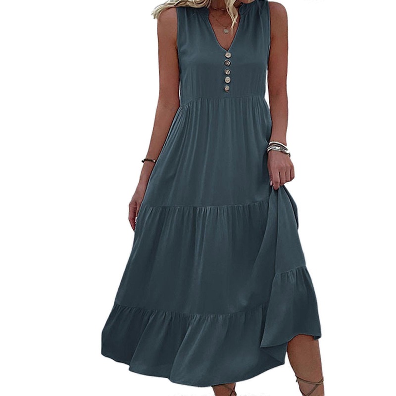 Flowy Hem Dress Solid Color Sleeveless V-neck Ruffle High Waist Straight Loose Fit Straight Dresses for Daily Wearing  Dark Grey M | Fruugo SG