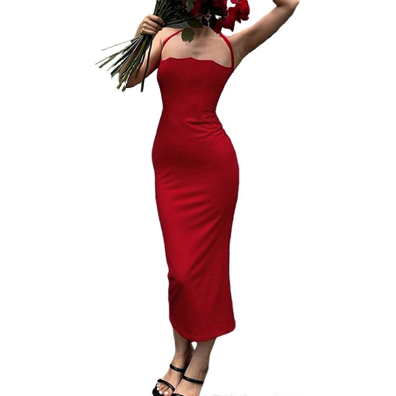 French Style Long Dress Crafted with Care from Milk Silk Halter Neck Suitable for Quality Conscious Women  Red S | Fruugo SG