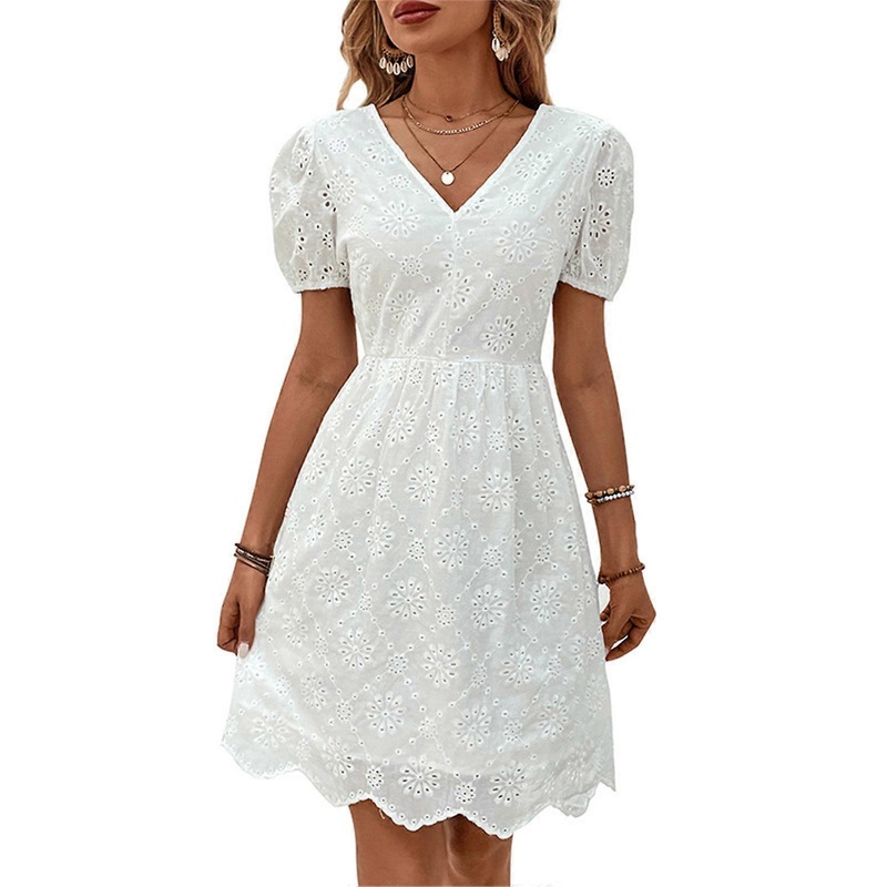 Women’s Casual Short Puff Sleeve V Neck Dresses Highs Waist Mini Short Dress Flowy Swing A Line Dresses Summer Dress  White XL | Fruugo SG