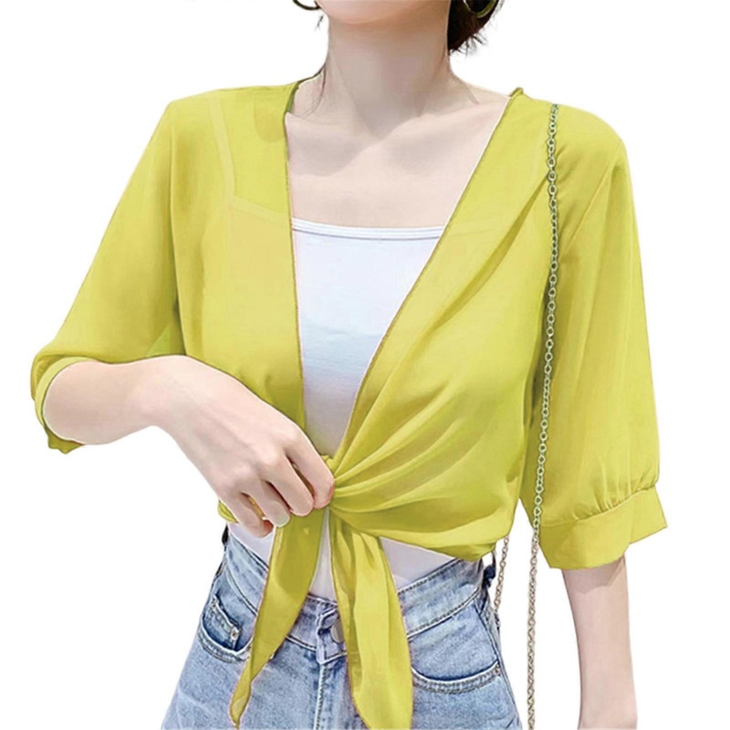 Women’s Chiffons Cropped Boleros Shrug for Evening Dress Sheer Short Sleeve Tie Front Cardigans  Yellow | Fruugo SG