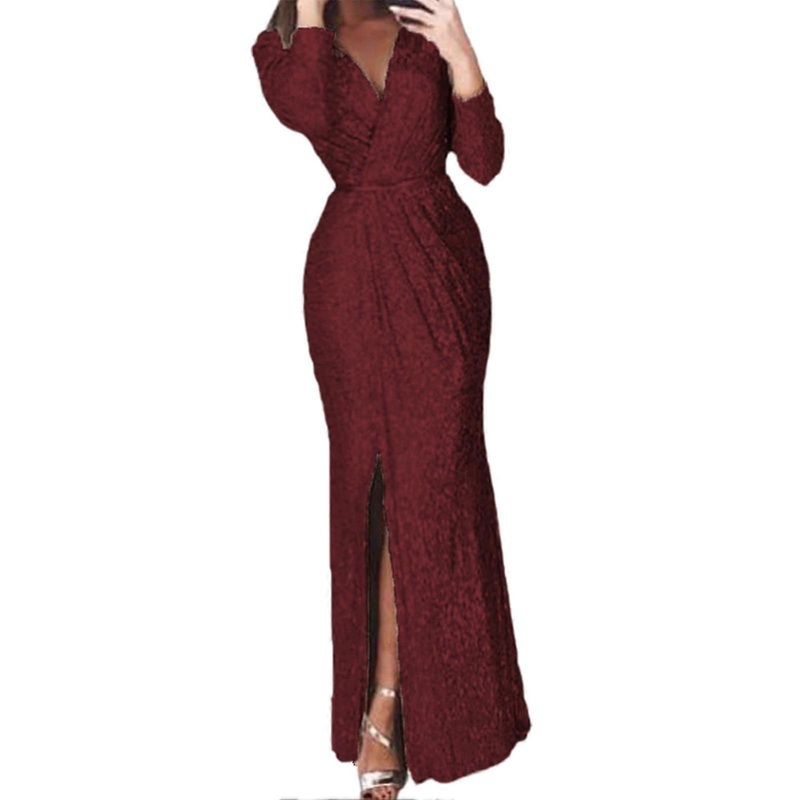 Women’s Long Formal Dress Sequin Bodycon Women Solid Color Long Sleeve V-neck Dress Wedding Guest Dresses For Women | Fruugo SG