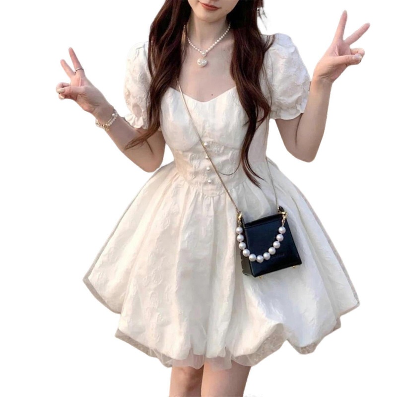 Women’s Short Puff Sleeve Wedding Dress French Style Mesh Splicing Summer Dresses Perfect for Parties  White XL | Fruugo SG