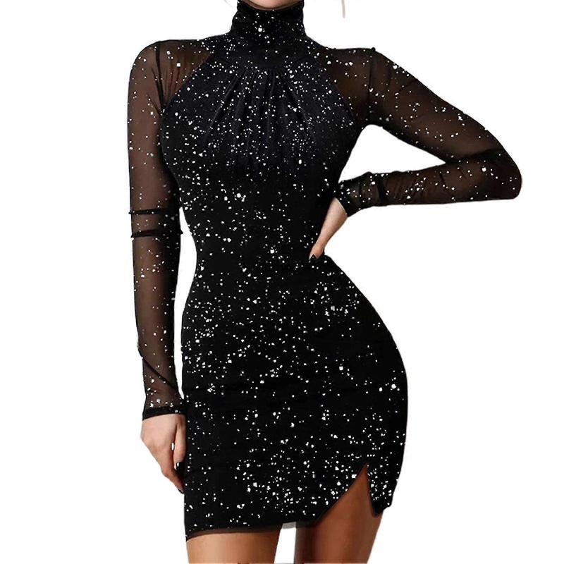Women’s Slim Mini Dress High Neck Glitter Design Elegant Mesh Contrast Sleeve Body-con Pencil Dress For Evening Cocktail New | Fruugo SG