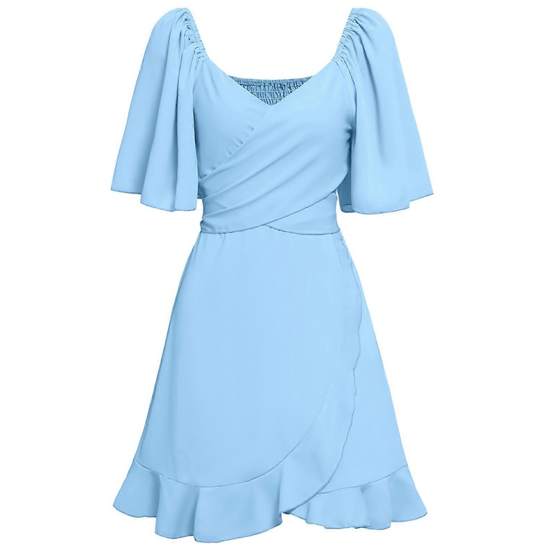 Women’s Solid Color Wrap V Neck Trumpet Sleeve A Line Mini Dress Summer Casual Ruffle Hem Flowy Swing Dress with Belt  light blue XL | Fruugo SG