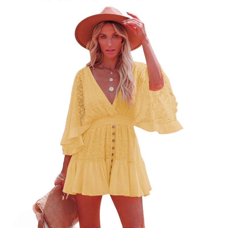 Women’s Summer Lace V Neck A Line Mini Sundresses Casual Batwings Sleeve Short Dress Sexy Elastic Waist Mini Dress Gifts  Yellow XL | Fruugo SG