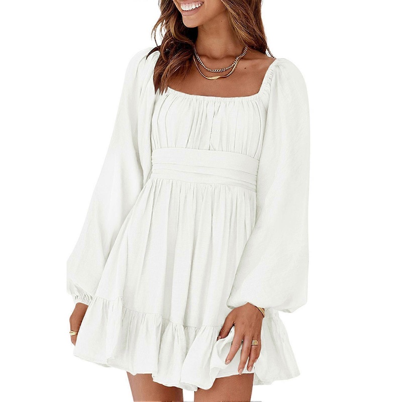 Women Square Neck Dress Pure Color Hem Ruffle Dress Long Sleeve Bow Tie Back Summer Dress for Shopping Working White XXL | Fruugo SG