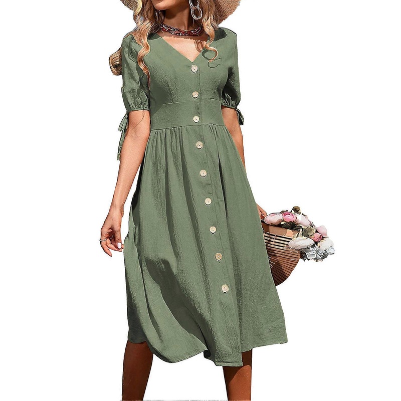 Women Summer V Neck Button Down Dress Lace Up Short Sleeve A Line High Waist for Vacation Party Club Home Green S | Fruugo SG