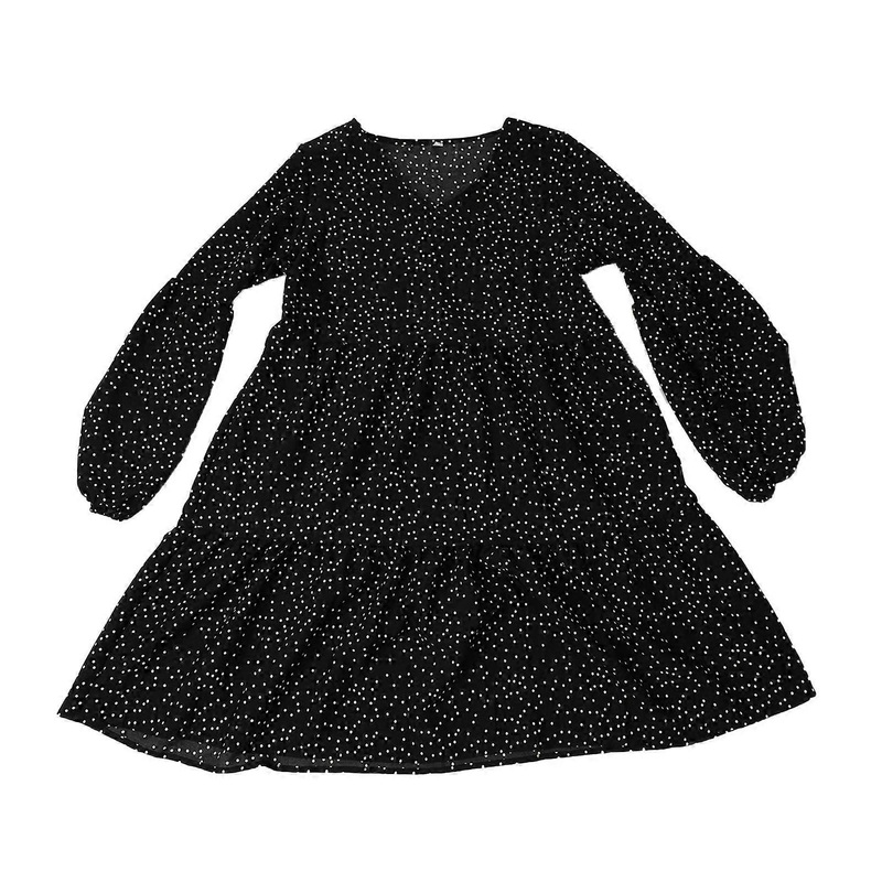 Women V Neck Short Dress Dot Patterns Ruffle Hem Long Flared Sleeves Summer Dress for Daily Wear Black SNEW6 | Fruugo SG