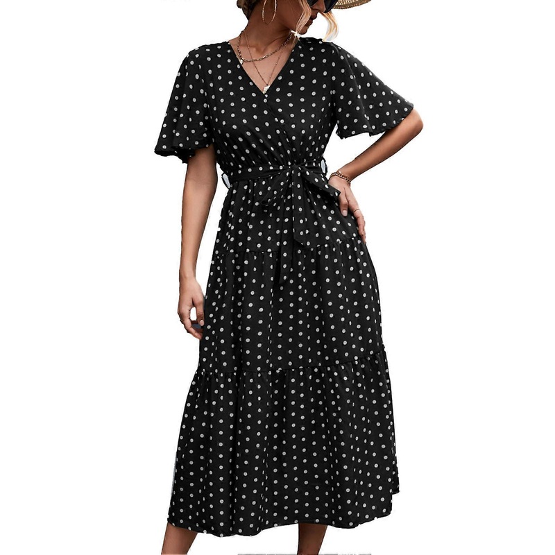 Women Wrap V Neck Dress Short Sleeve Waist Belted Breathable Summer Maxi Dress for Daily Wear Black White Dots L | Fruugo SG