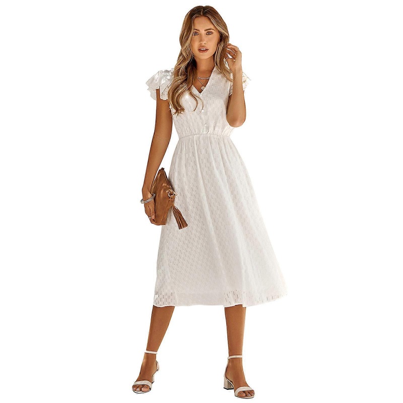 Womens Business Casual Dress Ruffle Flutter Sleeve V-Neck Work Wear Dress Midi Dress Knee Length A-line Dress  White S | Fruugo SG