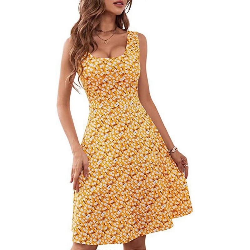 Womens Casual Crew Neck Sleeveless Floral Midi Dress Loose Ruffle Dress Summer Beach Holiday Dresses  Yellow XXL | Fruugo SG