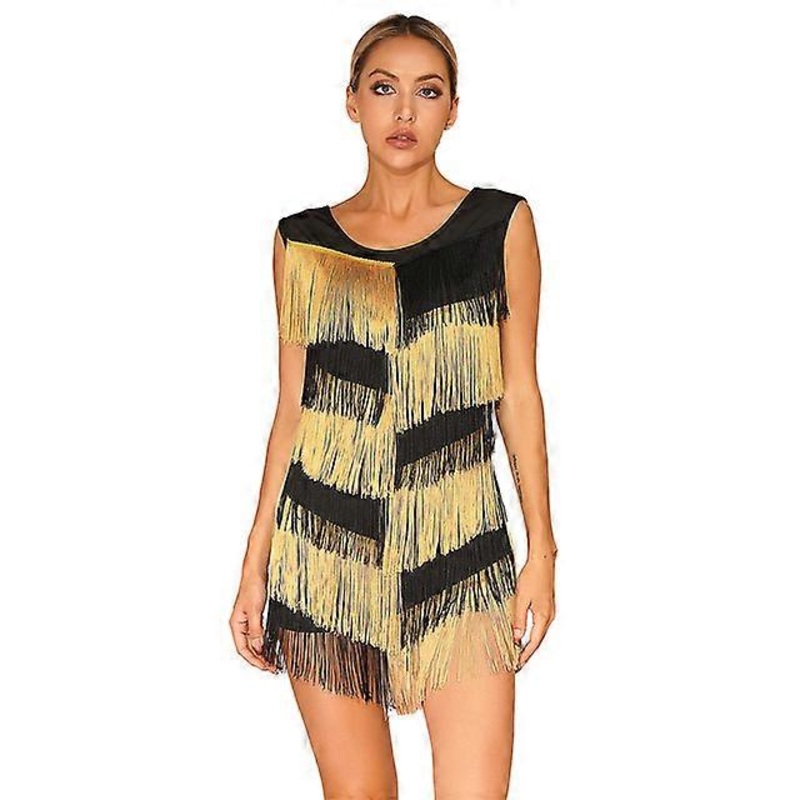 Womens Color Block Tassel Dress Latin Ballroom Dance Performance Costume Round Neck Sleeveless Fringed Dresses with Shorts | Fruugo SG