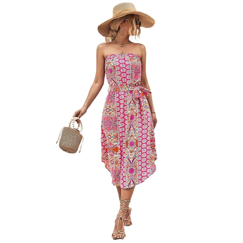 Womens Dress Summer Midi Sundress StraplessCover Up Floral Print Wrap Dresses with Belt Party Dress Vestidos  Pink XL | Fruugo SG