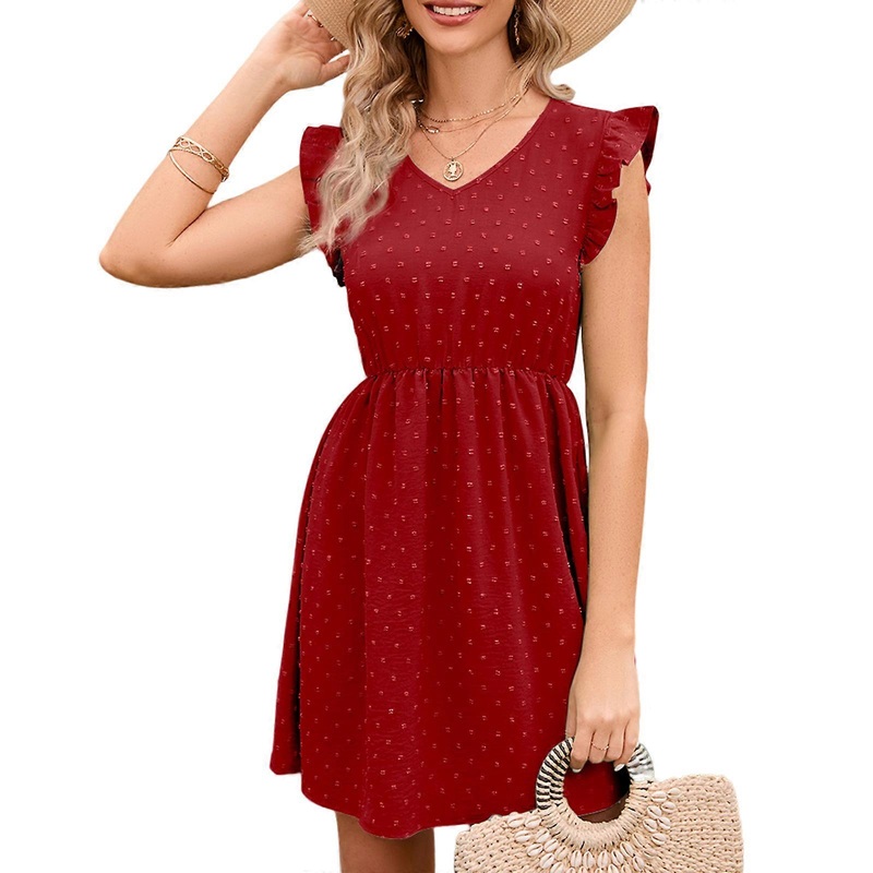 Womens Flutter Short Sleeve Mini Dress Summer Casual Polka Dot A-Line Dress Sexy Elastic Waist V-neck Short Dress  Red S | Fruugo SG