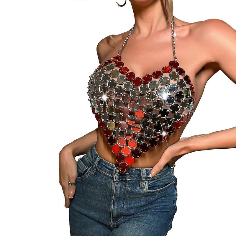 Womens Glitter Metallic Sequins Halter Bikini Bra Backless Sparkly Body Chain Jewelry Camisole Crop Top Party Clubwear  S | Fruugo SG