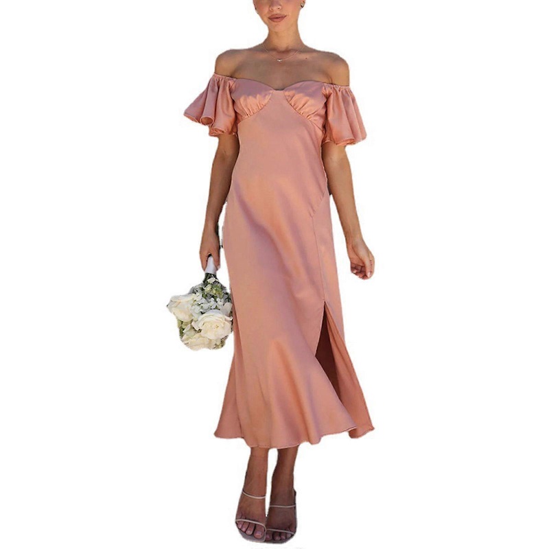 Womens Satin Short Sleeves Dress Sexy Off Shoulder Dress Female Split Dress Summer-Beach Dress Ladies Holiday Dress  Pink S | Fruugo SG