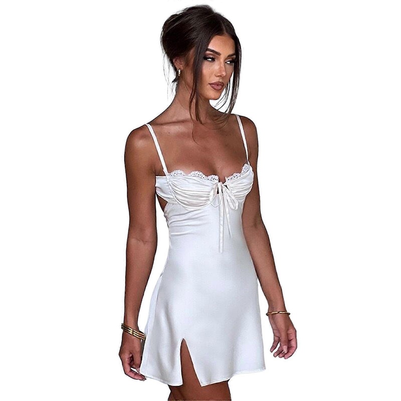 Womens Sexy Lace Trim Tied Backless Nightgown Spaghetti Straps Ruched Chest Club Party Split Mini Slip Dress Partywear  White S | Fruugo SG