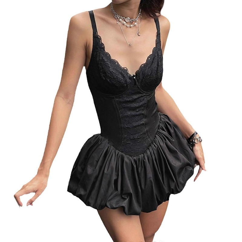 Womens Sexy Low Neck Pleated A Line Dresses Sleeveless Corset Lace Trim Spliced Stretch Flared Short Camisole Dress  Black L | Fruugo SG