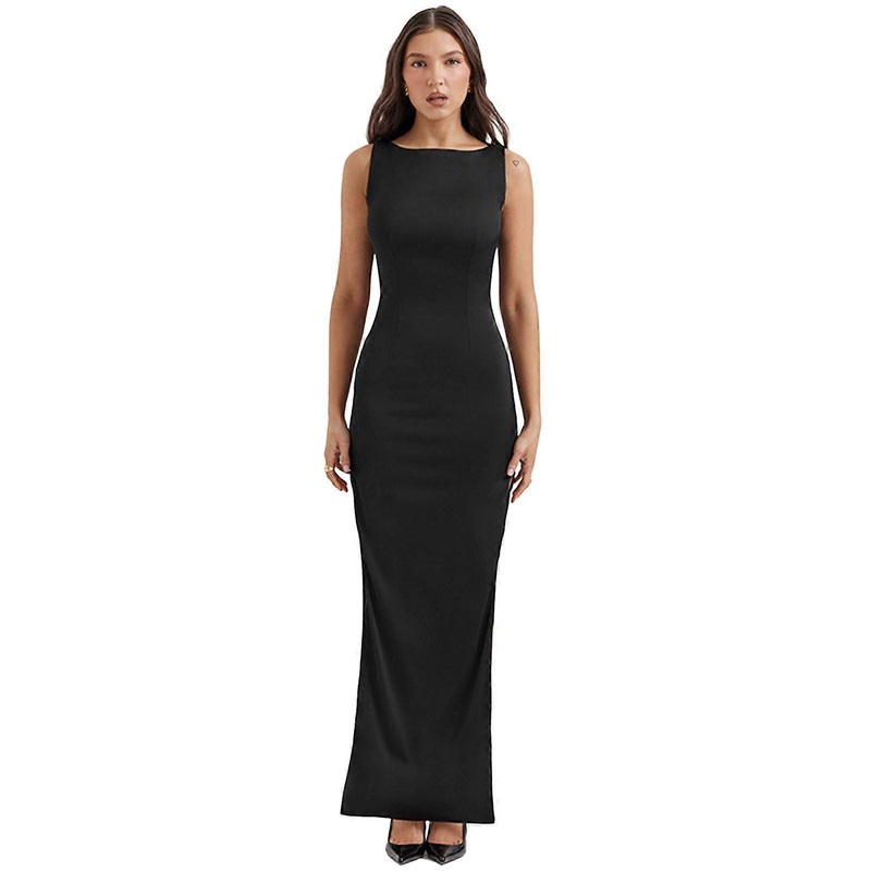 Womens Solid Sleeveless Round Neck Evening Bodycon Dress Sexy Side Thigh Split Package Hip Slim Tank Top Long Dresses  Black S | Fruugo SG