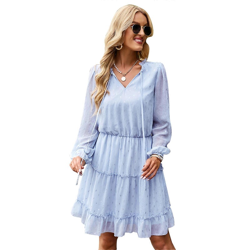 Womens Split V-Neck Drawstring Chiffon Short Dress Long Sleeve Polka Dot Tiered Ruffled Hem Casual A-Line Flowy Dresses  light blue XL | Fruugo SG