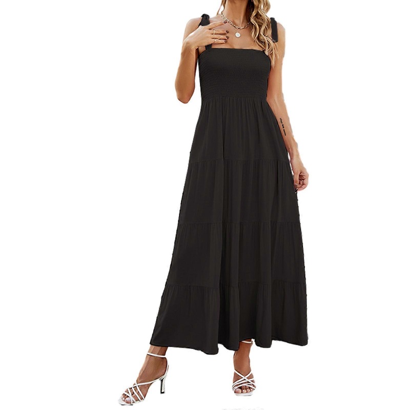 Womens Square Neck Smocked Pleated Ruffle Flowy Long Dress Bohemian Floral Print Tie Straps Swing A-Line Beach Dresses  Rayon black XL | Fruugo SG