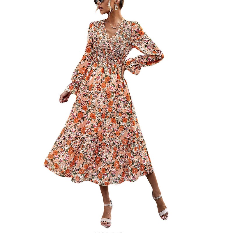 Womens Summer Casual Long Puff Sleeve A Line Dress V Neck Smocked Dress Bohemian Floral Print Flowy Swing Long Dress  Orange XL | Fruugo SG
