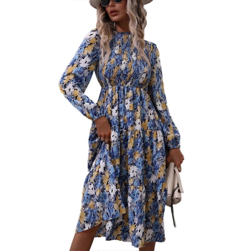 Womens Summer Casual Rond Neck Ruffle Long Sleeve Smocked Elastic High Waist Midi Dress Floral Print A-line Long Dress  Blue XL | Fruugo SG