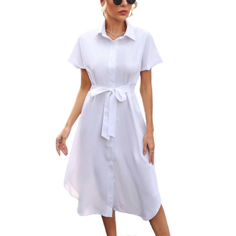 Womens Summer Dress V-Neck Shirt Dress Loose Casual Belted Tie Front Short Sleeve Button Down Shirtdress Midi Dress  White S | Fruugo SG