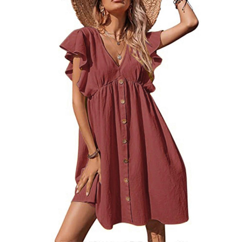 Womens Summer Ruffle Short Sleeve V-Neck Plain Flowy Midi Dress Button Down High Waist A-Line Pleated Tunic Dresses  Pink XL | Fruugo SG