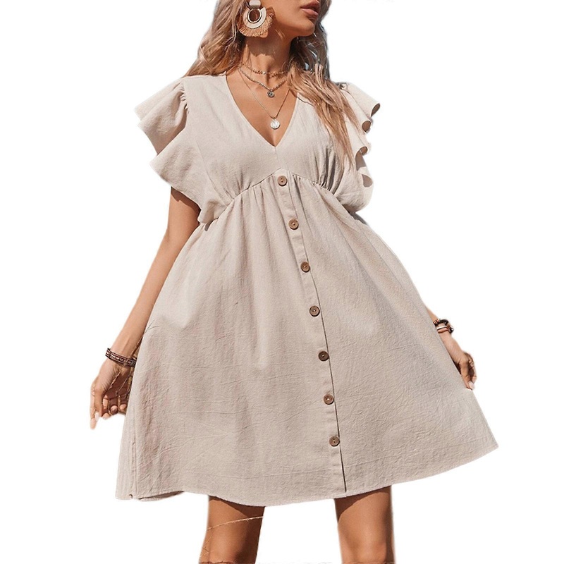 Womens V-neck Dress Button Front Dress Sweet Ruffle Hem Mini Dress Flowy Swing Dress for Spring Summer Party Holiday Ins  Khaki XS | Fruugo SG
