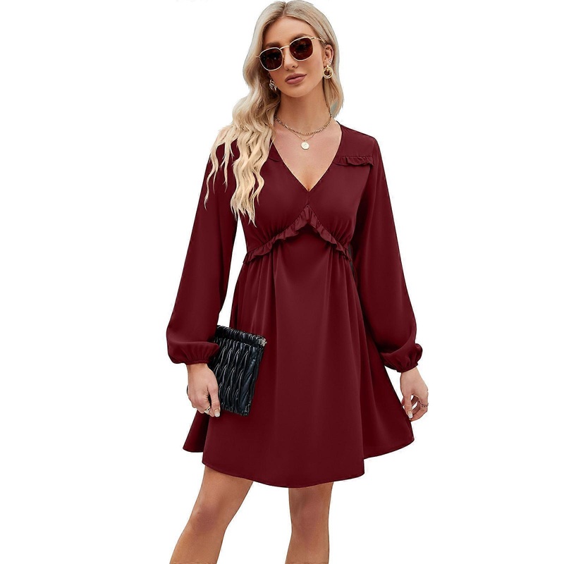 Wrap V Neck Dresses Parties Cocktails Mini Dress Wedding Guest Casual Pleated Long Sleeve Mini Dress Formal Wearing  Burgundy XL | Fruugo SG