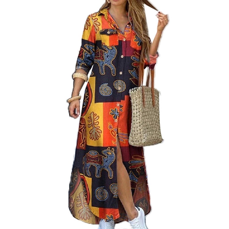 Autumn Long Sleeve Maxi Shirt Dress for Women Ethnic Vintage Print Casual Loose Turn-Down V-Neck Button Blouse Sundress  Yellow XL | Fruugo SG