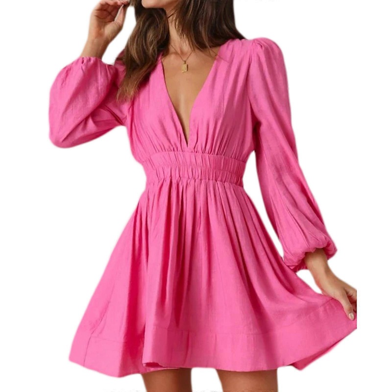 Babydoll Dress Long Sleeve Dress Women Summer Casual Dress Mini Deep V-neck Dress ALine Sundresses Women Summer Dress  Gouache XL | Fruugo SG
