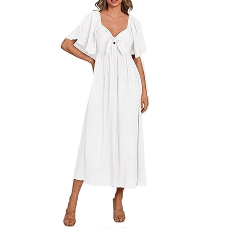 Beach Dress for Women Casual and Flattering Ruffle Short Sleeve V Neck Summer Solid Color Party Midi Dresses  White XL | Fruugo SG