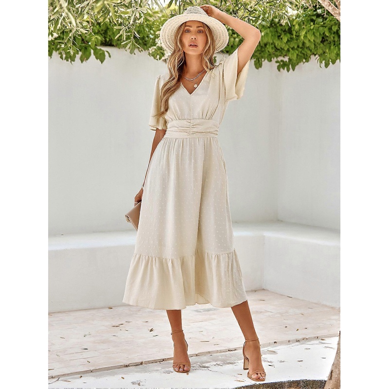 Casual European and American Women’s Summer New Lotus Leaf Sleeve Waist Thin Elegant Dresses V-neck Solid Color Dress Female | Fruugo SG
